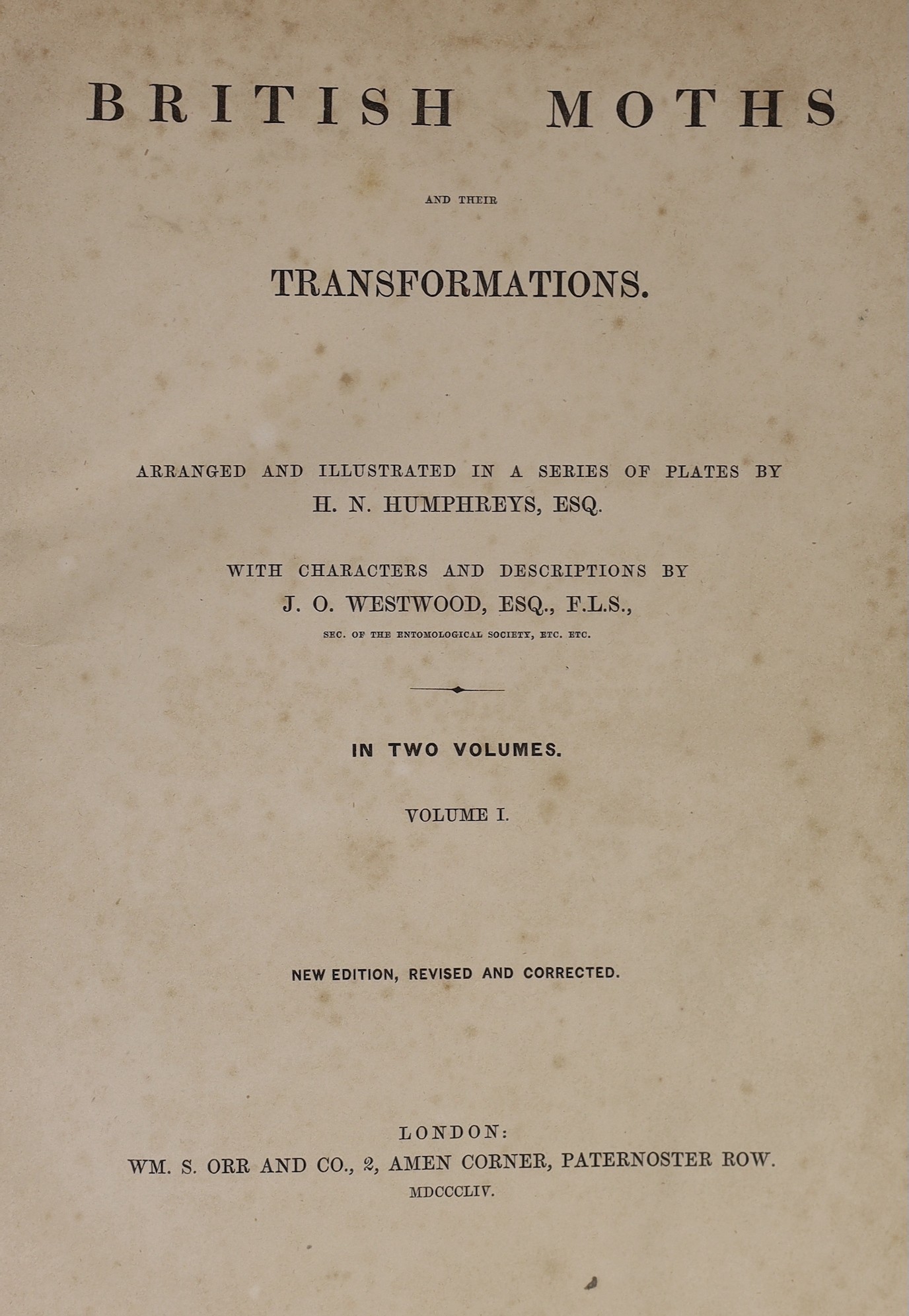 Humphreys, Henry Noel and Westwood, John Obadiah - British Moths and their Transformations, 2 vols, 4to, contemporary half morocco, with 124 hand-coloured plates, boards scuffed, bookplate of geologist Arthur Roope Hunt,